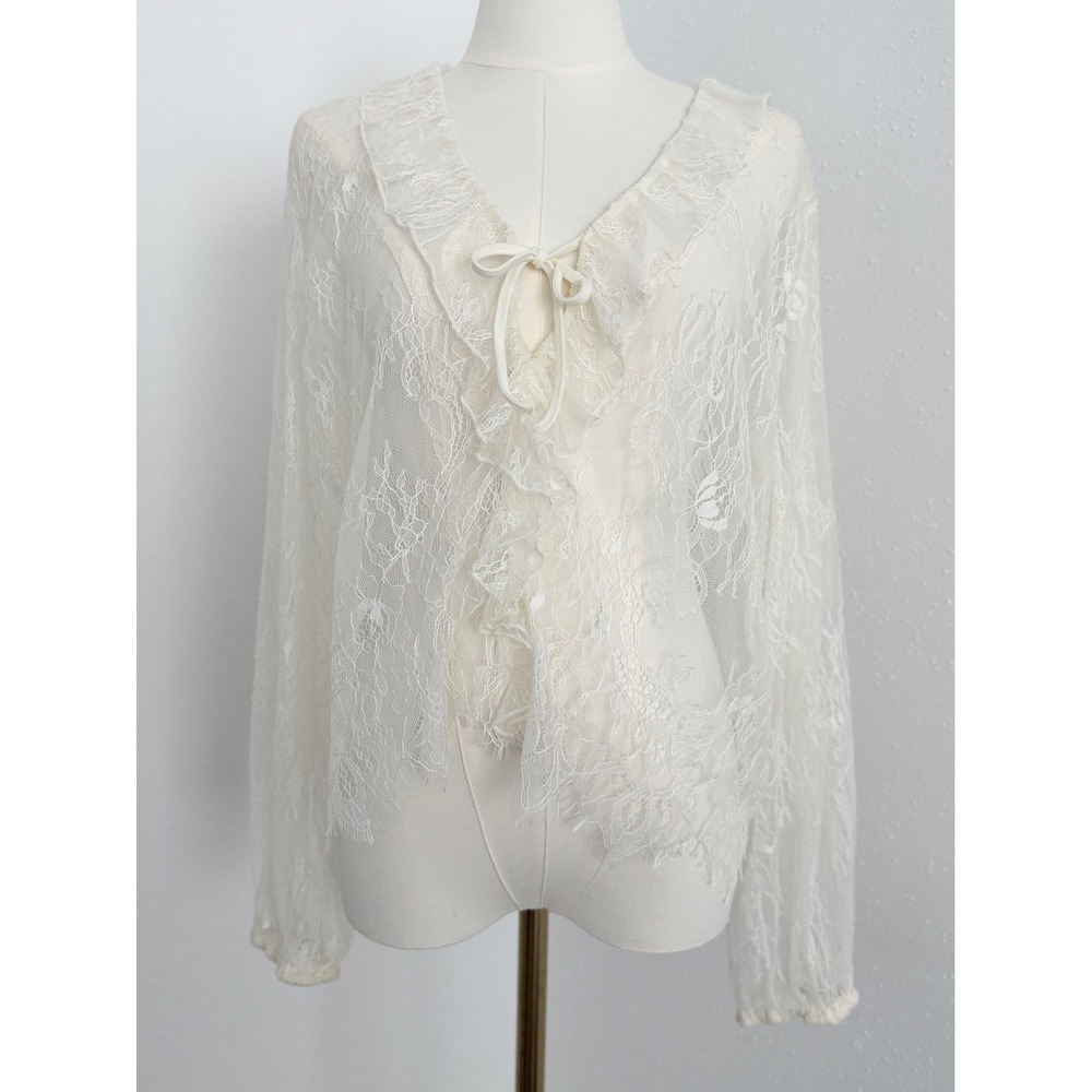 Old Navy Ivory Sheer Lace Ruffle Fairycore Boho Coquette Peasant Top NWT Sz M